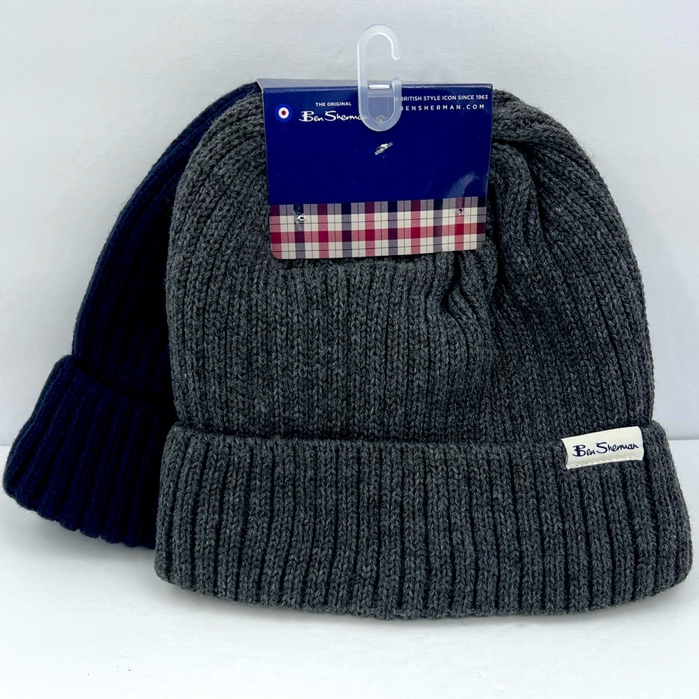 BEN SHERMAN, 2 PACK BEANIE SET, THERMAL PLUSH LINING UNISEX, ONE SIZE,GREY, NAVY - Picture 2 of 15